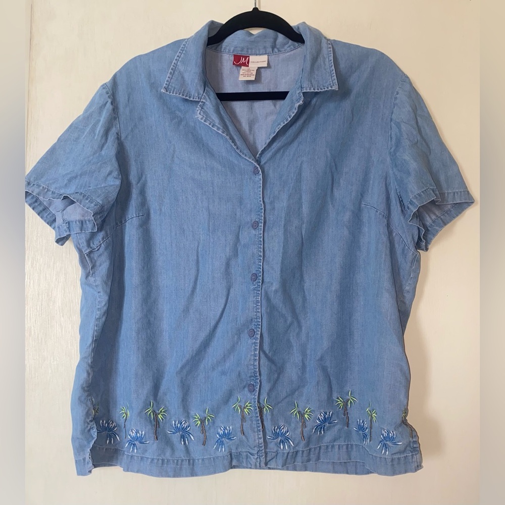 Palm tree embroidered button down top